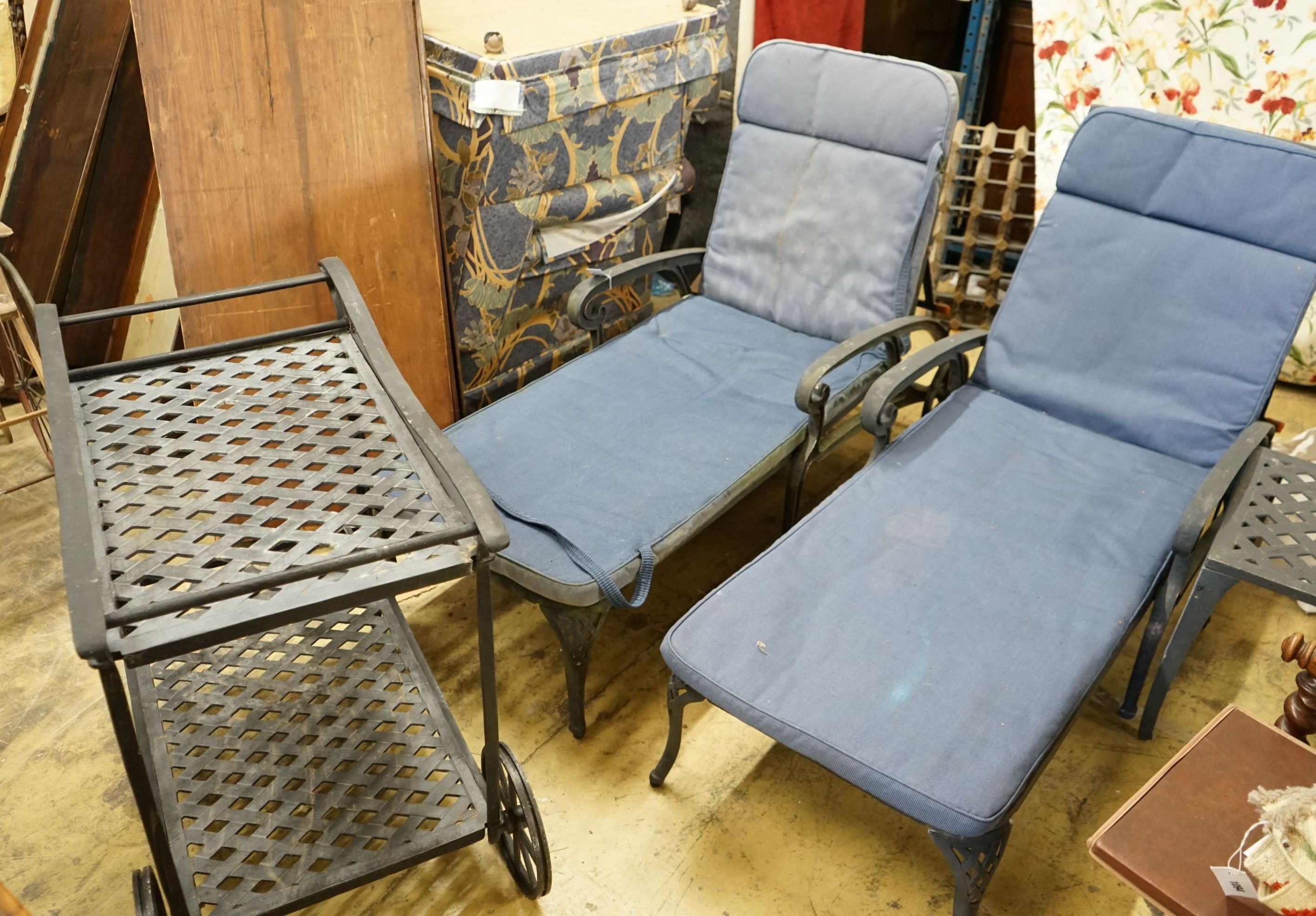 A pair of painted aluminium garden loungers, width 68cm, length 160cm together with a matching two tier drinks trolley and small square occasional table